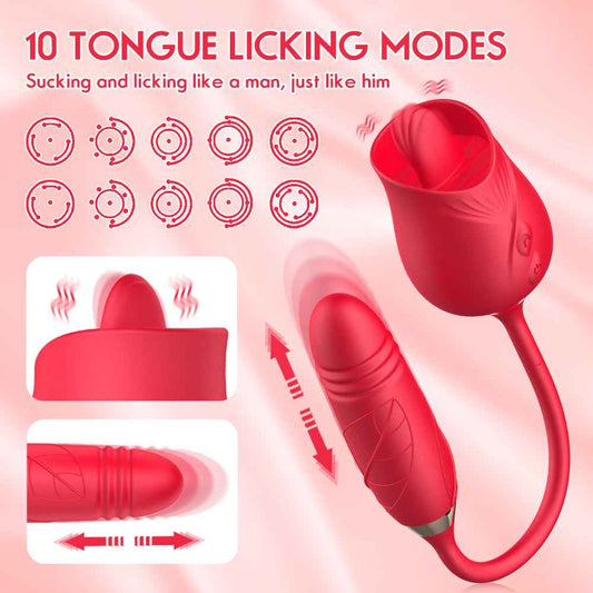 Rose Adult Toys Tongue Licking Clitoral Vibrator With Thrusting Dildo