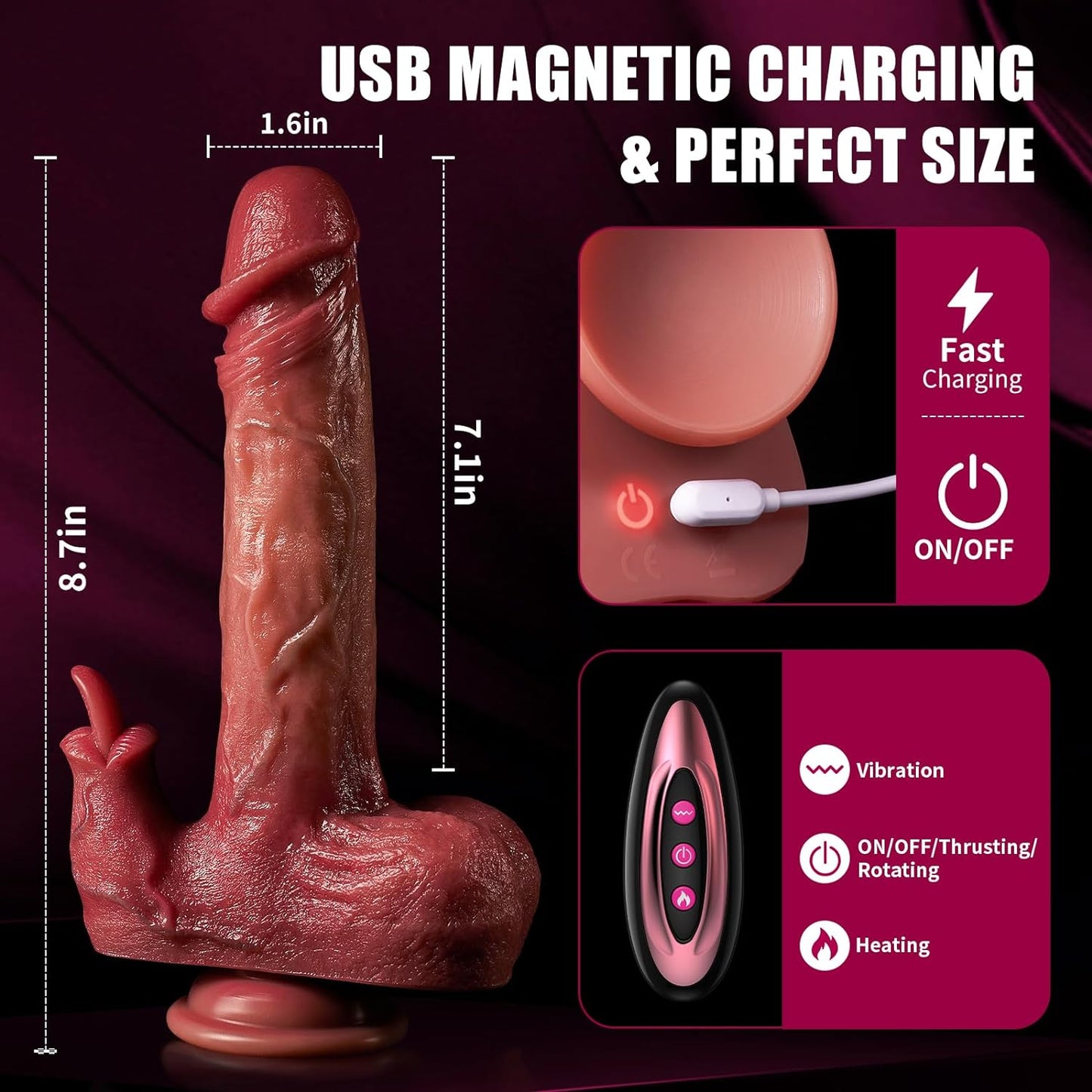 8.7 Inches Heating & Licking Realistic Dildo Vibrator With 3 Thrusting Modes