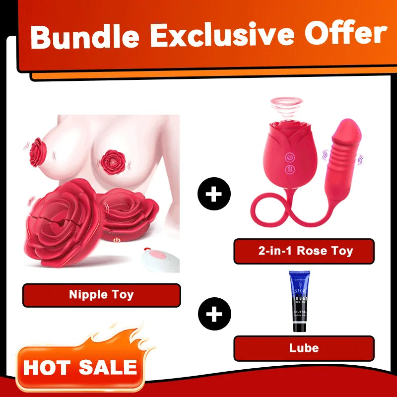 Rose Vibrating Nipple Clamps with Remote, 10 Modes & Adjustable Pressure