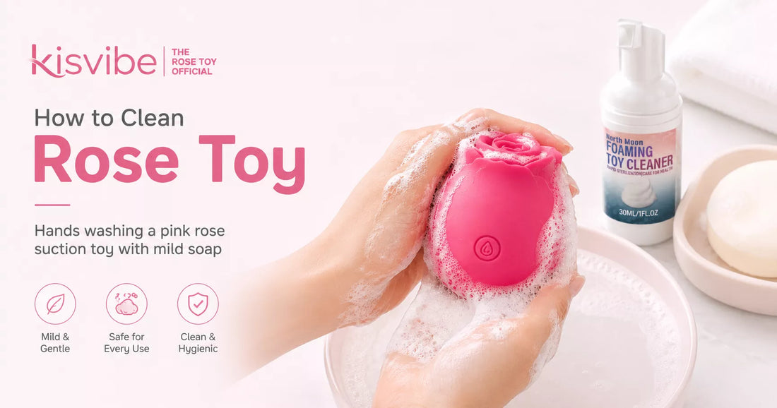Hands washing a pink rose suction toy with mild soap — how to clean a rose toy