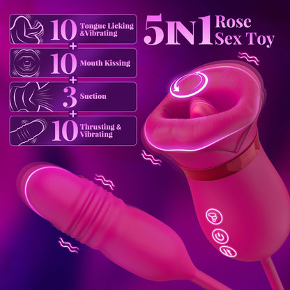 5-in-1 Big Mouth Kissing Licking Vibrator Rose Sucking Clitoral Stimulator With Thrusting Dildo
