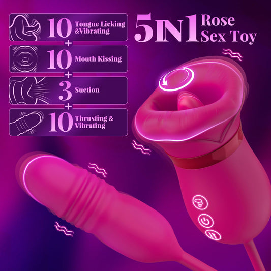 5-in-1 Big Mouth Kissing Licking Vibrator Rose Sucking Clitoral Stimulator With Thrusting Dildo