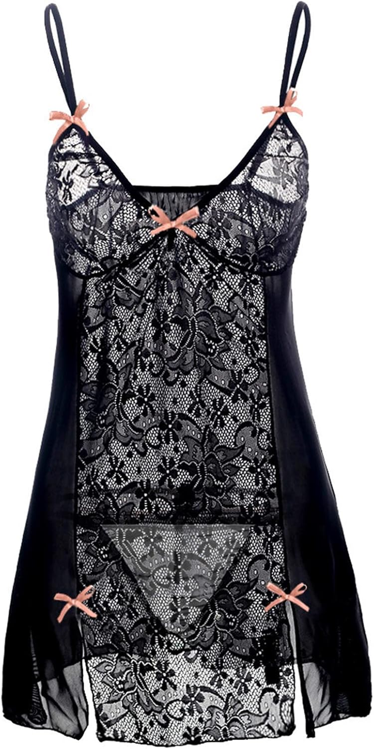 Solid Mesh Lace Patchwork See-through Babydoll