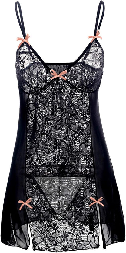 Solid Mesh Lace Patchwork See-through Babydoll
