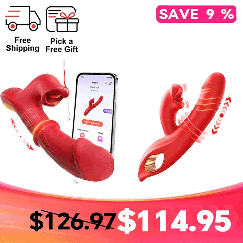APP-Controlled Thrusting Rabbit Vibrator Dildo Licking and Sliding Ring