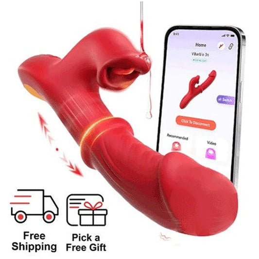 APP-Controlled Thrusting Rabbit Vibrator Dildo Licking and Sliding Ring