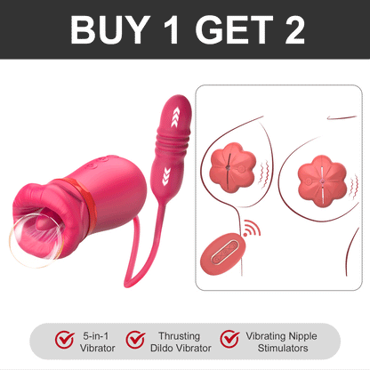 5-in-1 Big Mouth Kissing Licking Vibrator Rose Sucking Clitoral Stimulator With Thrusting Dildo