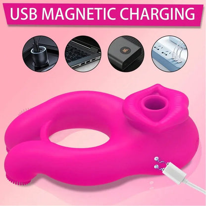 Mouth Sucking & Vibrating Cock Ring With Clit Sucker|Dual Pleasure Clitoral