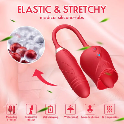 Rose Adult Toys Tongue Licking Clitoral Vibrator With Thrusting Dildo