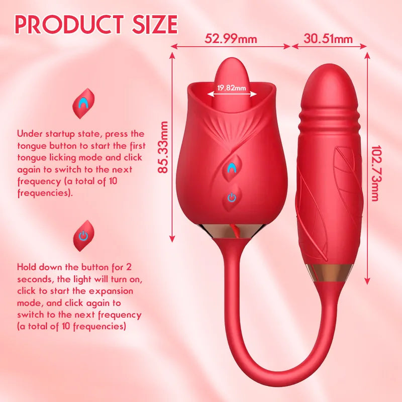 Rose Adult Toys Tongue Licking Clitoral Vibrator With Thrusting Dildo