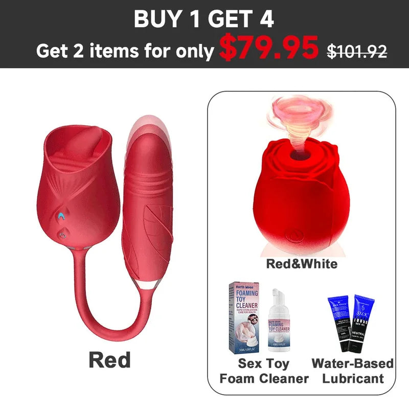 Rose Adult Toys Tongue Licking Clitoral Vibrator With Thrusting Dildo